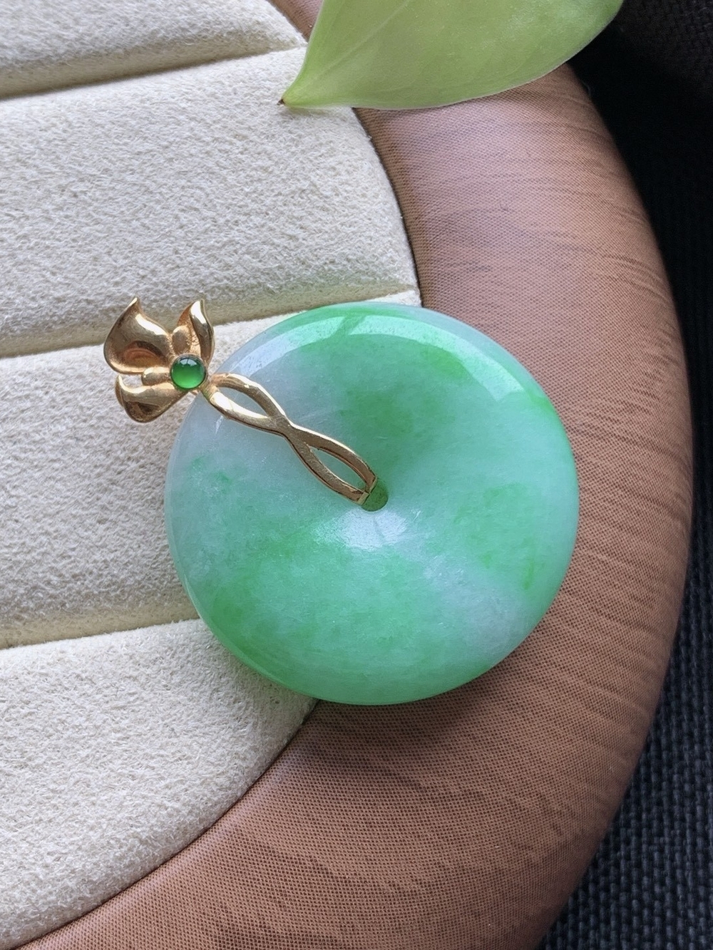 Tpye A Certified Floating Green Jadeite Mini Donut Pendant with Gold Floral Bail